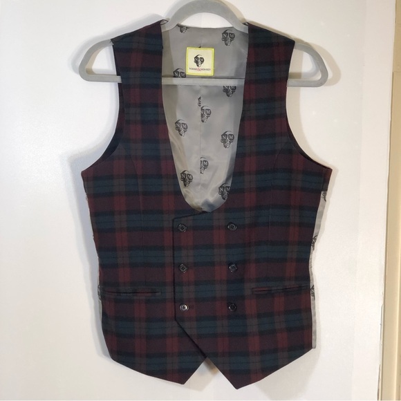 Noose & Monkey Ginsberg Plaid Double Breasted Waistcoat Vest Skull Print Back - Picture 2 of 16